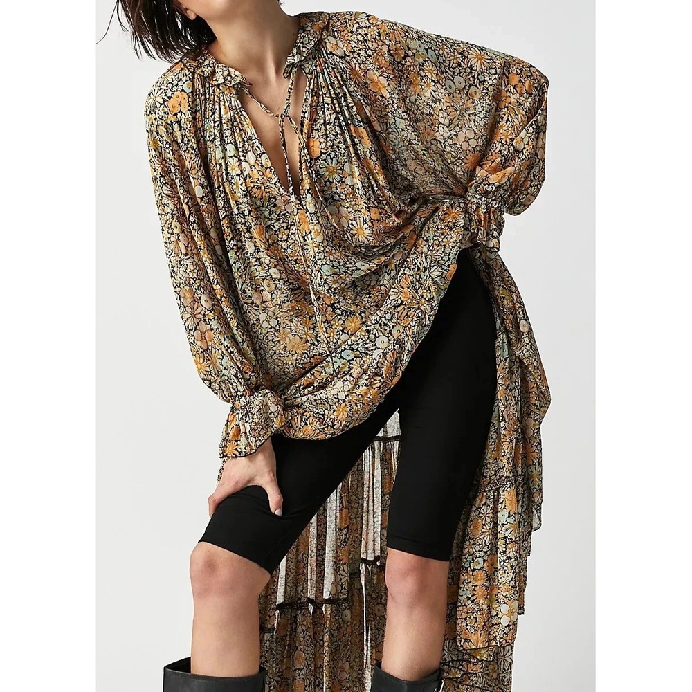 Free People Feeling Groovy Maxi Dress Yellow Floral Sheer Tiered LS Size Medium - Picture 5 of 16